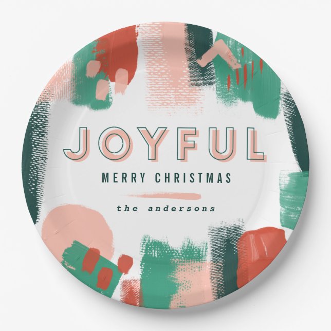 Plato De Papel Dibujo abstracto moderno rojo, rosa + verde alegre (Anverso)