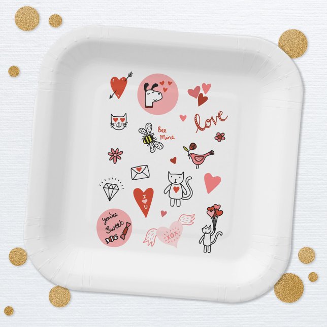 Plato De Papel Dibujo animado de amor lindo (Cute love themed paper party plates for Valentines Day, engagement, wedding and celebrations)