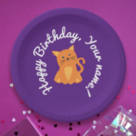 Plato De Papel Dibujo animado de gatito naranja morado lindo y ca