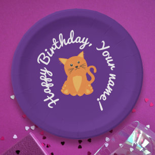 Plato De Papel Dibujo animado de gatito naranja morado lindo y ca