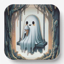 Plato De Papel Dibujo animado de Halloween de un fantasma con un 