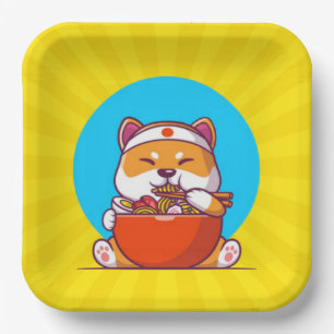 Plato De Papel Dibujo animado de Shiba Inu lindo comiendo fideos 