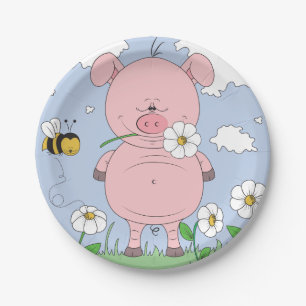 Plato De Papel Dibujo animado rosado alegre del cerdo