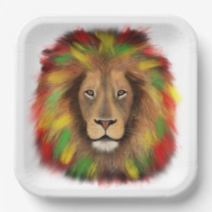 Plato De Papel Dibujo de cabeza de león Rasta rojo amarillo verde