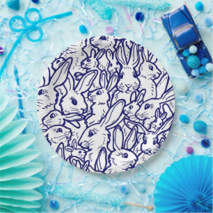 Plato De Papel Dibujo de conejo blanco azul de la marina