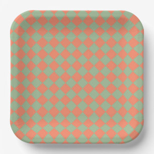 Plato De Papel Dibujo de diamante de cuadros rosa salmón verde ol