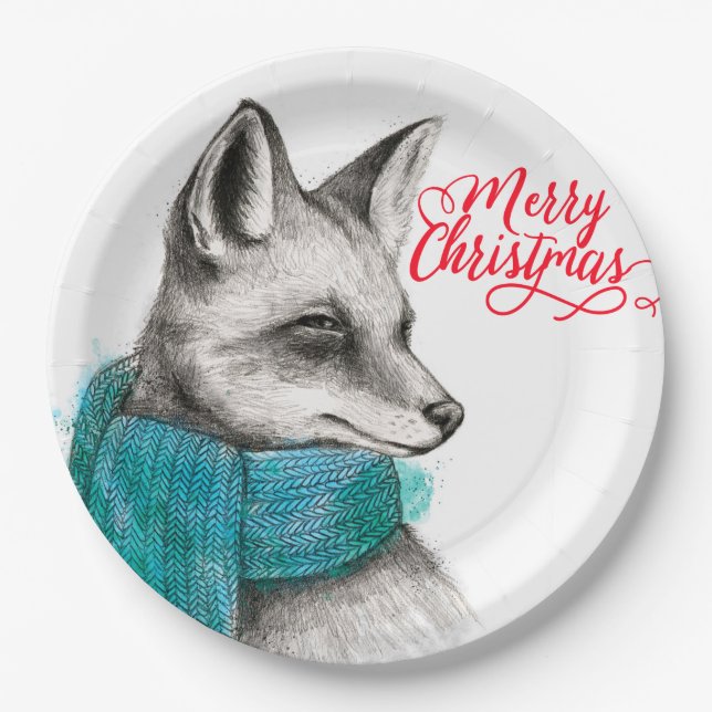 Plato De Papel Dibujo de Feliz Navidad Fox (Anverso)