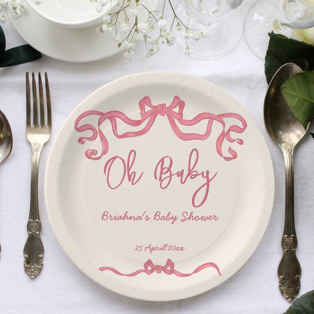 Plato De Papel Dibujo de garrapatas rosados con lazo de arco de b (Pink ribbon bow scribble sketch baby shower template paper plates personalized tableware decor )