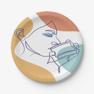 Plato De Papel dibujo de líneas poster de la mujer tomando café