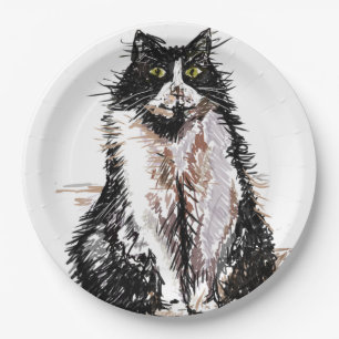 Plato De Papel Dibujo de un gato de Tuxedo Placa de papel de cump