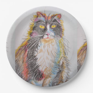 Plato De Papel Dibujo de un gato en Tuxedo Placa de papel de cump
