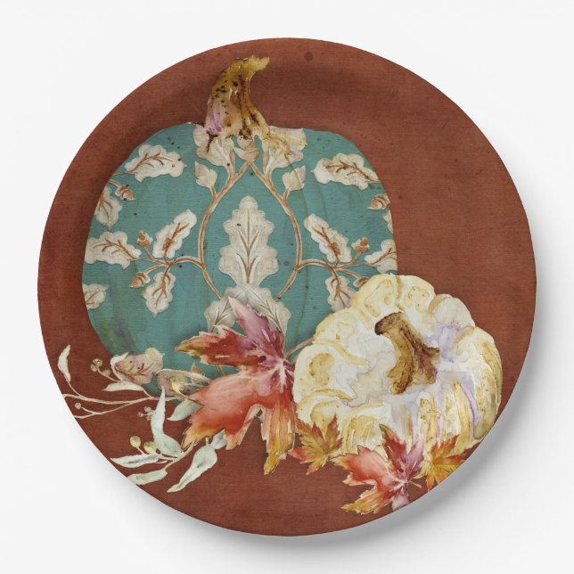 Plato De Papel Dibujo del patrón de hojas de calabaza de Acción d (Anverso)