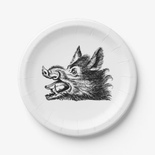 Plato De Papel Dibujo en blanco y negro de cabeza de jabalí vinta