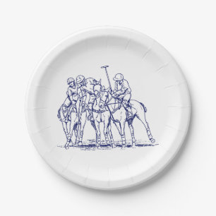 Plato De Papel Dibujo Estilizado Vintage de Partido de Polo #1 Az