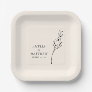 Plato De Papel Dibujo Floral Minimalista Elegante Boda Personaliz