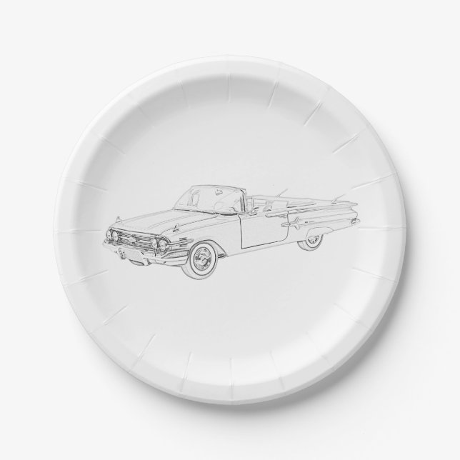 Plato De Papel Dibujo negro y blanco convertible Chevy Impala (Anverso)