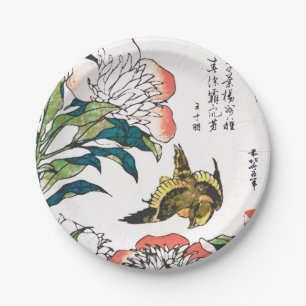 Plato De Papel Dibujo, Peonies y gorrión japoneses del vintage