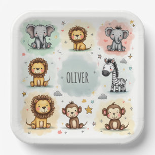 Plato De Papel Dibujos Animales Safari Acuarela Adorables