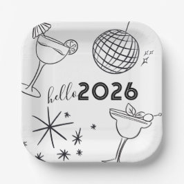 Plato De Papel Dibujos Caprichosos Hola Año Nuevo 2026 Dorado