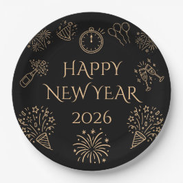 Plato De Papel Dibujos caprichosos negro oro Feliz Año Nuevo 2026