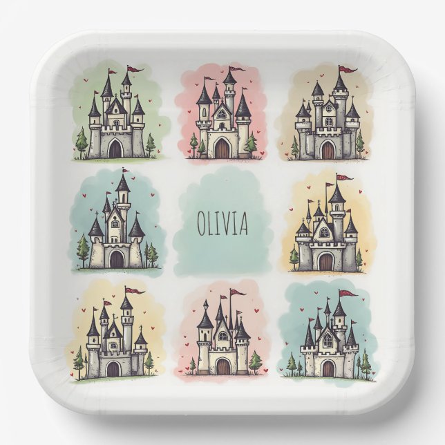 Plato De Papel Dibujos de castillos de cuentos de hadas adorables (Anverso)