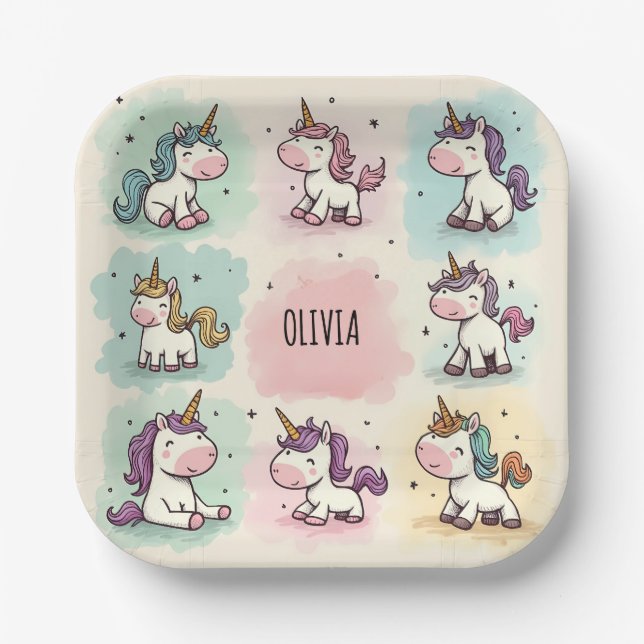 Plato De Papel Dibujos de unicornios caprichosos y lindos (Anverso)