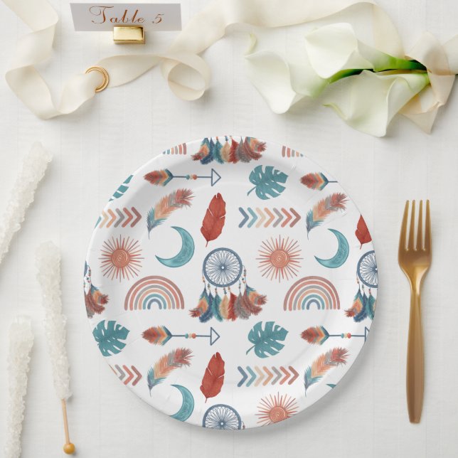 Plato De Papel Dibujos Patrón Boho Retro (Boda)