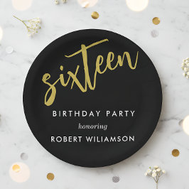 Plato De Papel dieciséis en cumpleaños negro