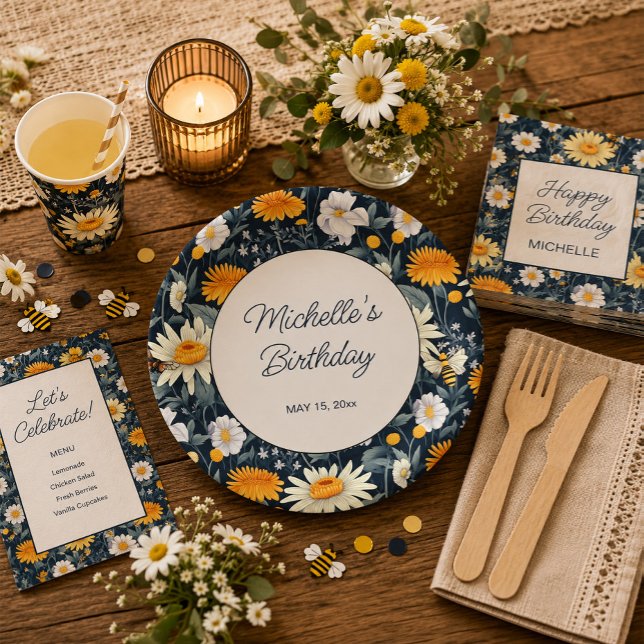 Plato De Papel Dientes de León Margaritas Azul Marino Cumpleaños  (Daisies and dandelions birthday party paper plate for girls and women)