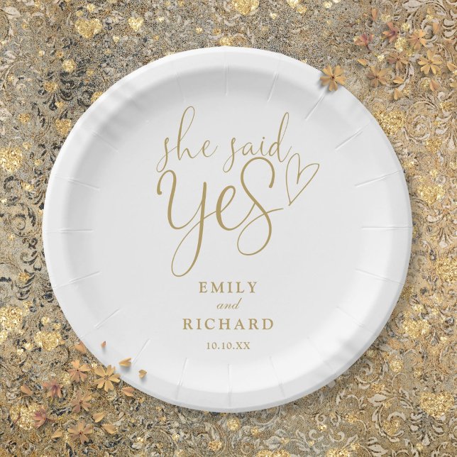 Plato De Papel Dijo Que Sí Partido Compromiso Elegante Oro (She Said Yes Engagement Party Elegant Gold Paper Plates
)