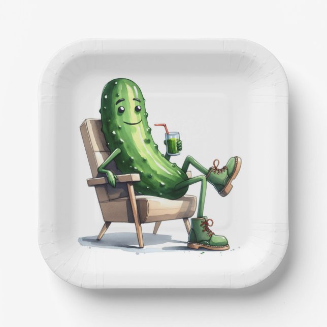 Plato De Papel Dill Pickle Relajándose en una silla (Anverso)