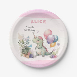 Plato De Papel Dino Fiesta Chica acuarela Pink Birday