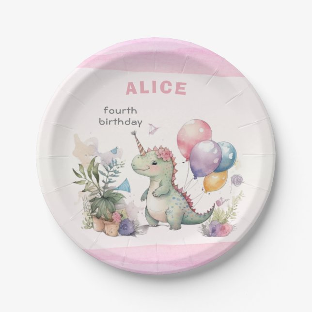 Plato De Papel Dino Fiesta Chica acuarela Pink Birday (Anverso)