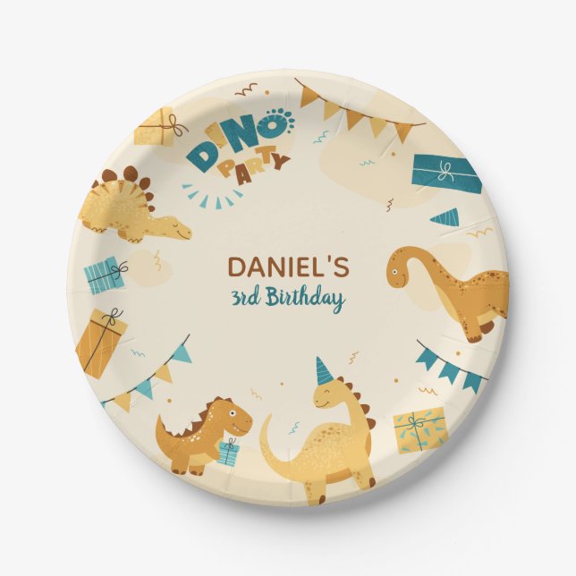 Plato De Papel Dino Fiesta. Cute Dinosaurios Tercer Cumpleaños (Anverso)
