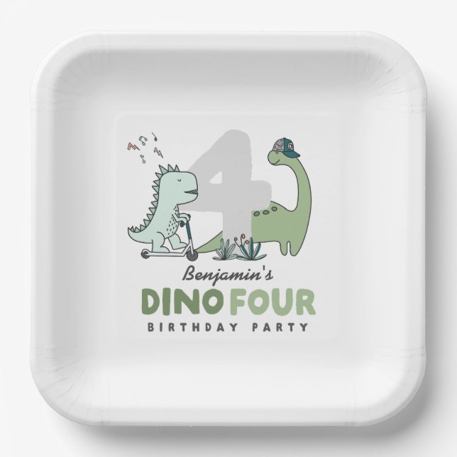 Plato De Papel Dino Four Birthday Party Paper Plates (Anverso)
