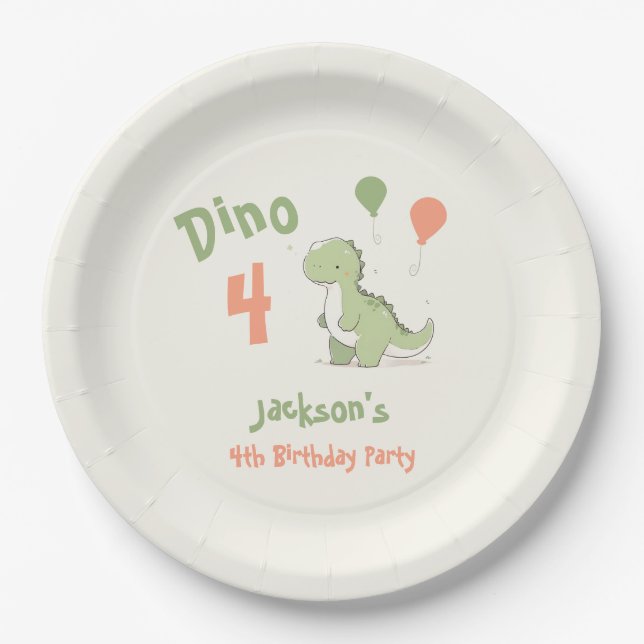 Plato De Papel Dino Four Dinosaur 4º Fiesta de cumpleaños (Anverso)