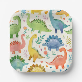 Plato De Papel DINO-MITE Acuarela Dinosaurios Niños Cumpleaños