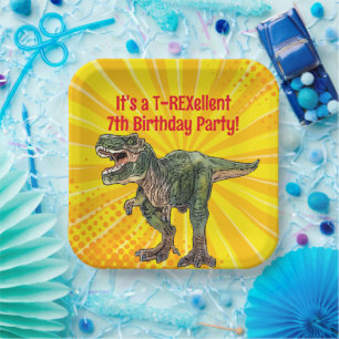 Plato De Papel Dino T-Rex Dinosaur Funny Birday Boy Amarillo