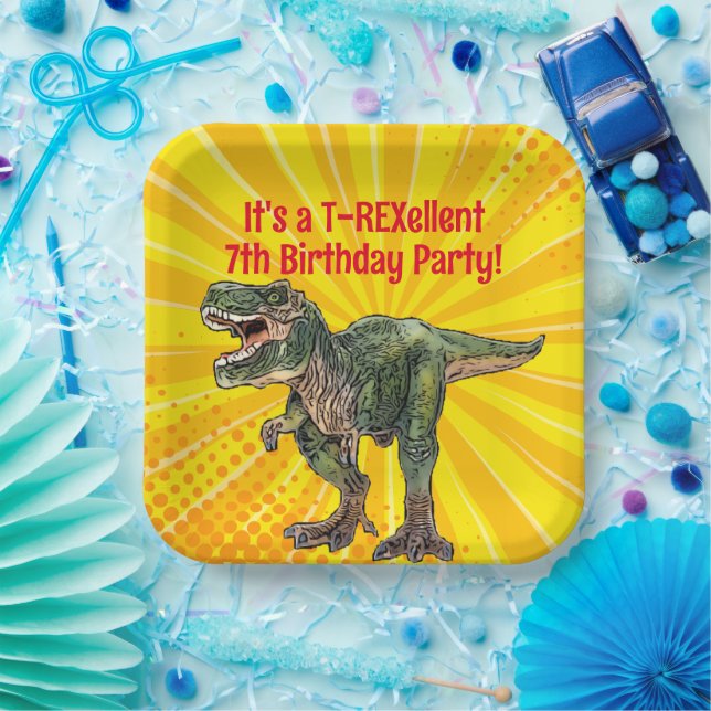 Plato De Papel Dino T-Rex Dinosaur Funny Birday Boy Amarillo (Fiesta)