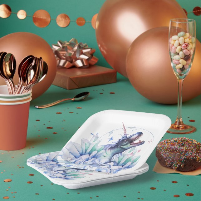 Plato De Papel Dinocorn Crystal | Fiesta místico de los dinosauri (Multi)