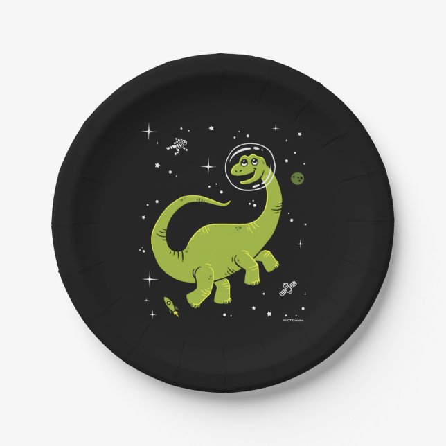 Plato De Papel Dinos De Brontosauro Verdes En El Espacio (Anverso)