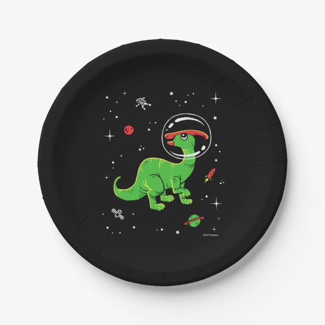 Plato De Papel Dinos De Parasaurolophus Verdes Y Rojos En El Espa (Anverso)
