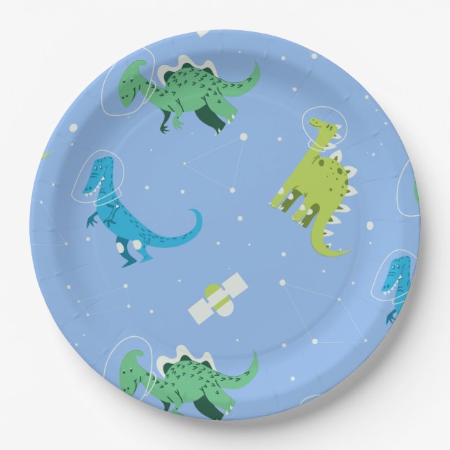 Plato De Papel Dinos Espacio Niños Dinosaurios Patrón Regalo Vera (Anverso)