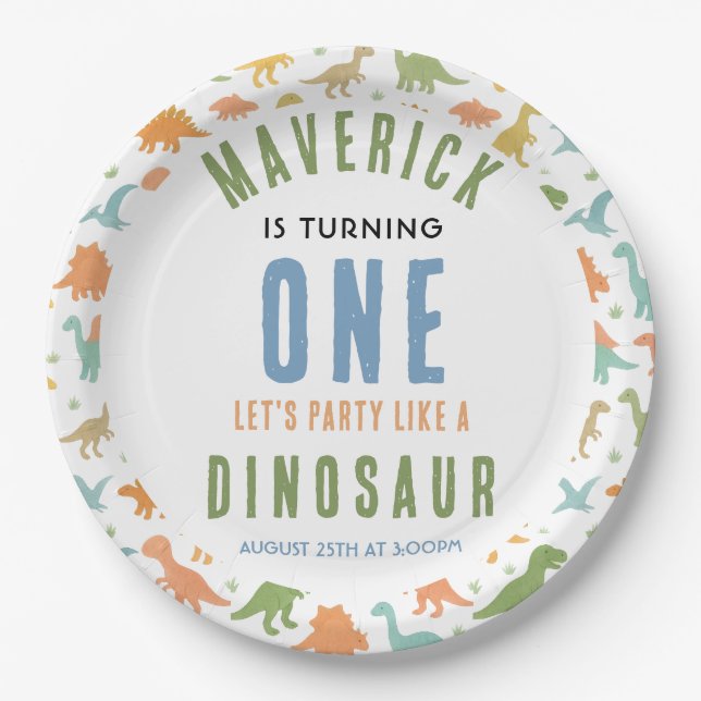 Plato De Papel Dinosaur 1st Birthday Party | Cute Prehistoric  (Anverso)