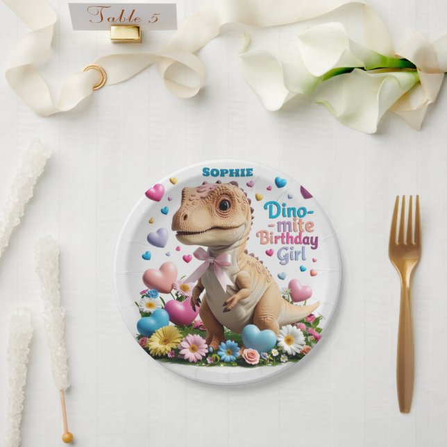 Plato De Papel Dinosaur Adventure Chica Feliz cumpleaños (Boda)