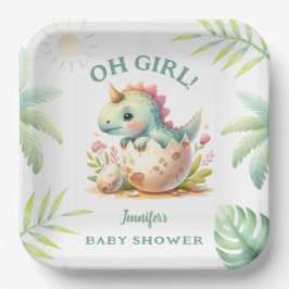Plato De Papel Dinosaur Baby Shower Chica de Dino Rosa