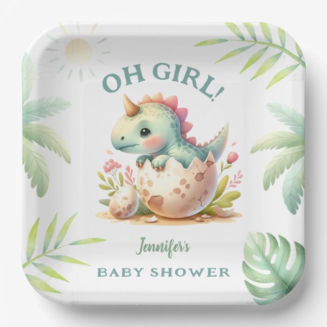 Plato De Papel Dinosaur Baby Shower Chica de Dino Rosa (Anverso)