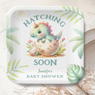 Plato De Papel Dinosaur Baby Shower Chica rosado de Cuadros