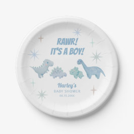 Plato De Papel Dinosaur Boy Baby Shower Blue