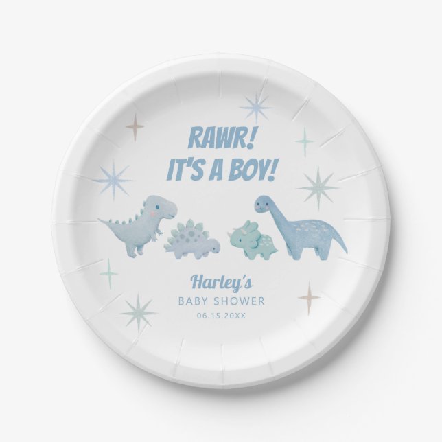 Plato De Papel Dinosaur Boy Baby Shower Blue (Anverso)